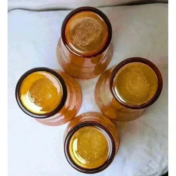 Set Of 4 Iridescent Carnival Drinking Glasses Fruit Motif 4" x3-1/4" Amber Color - Picture 6 of 14